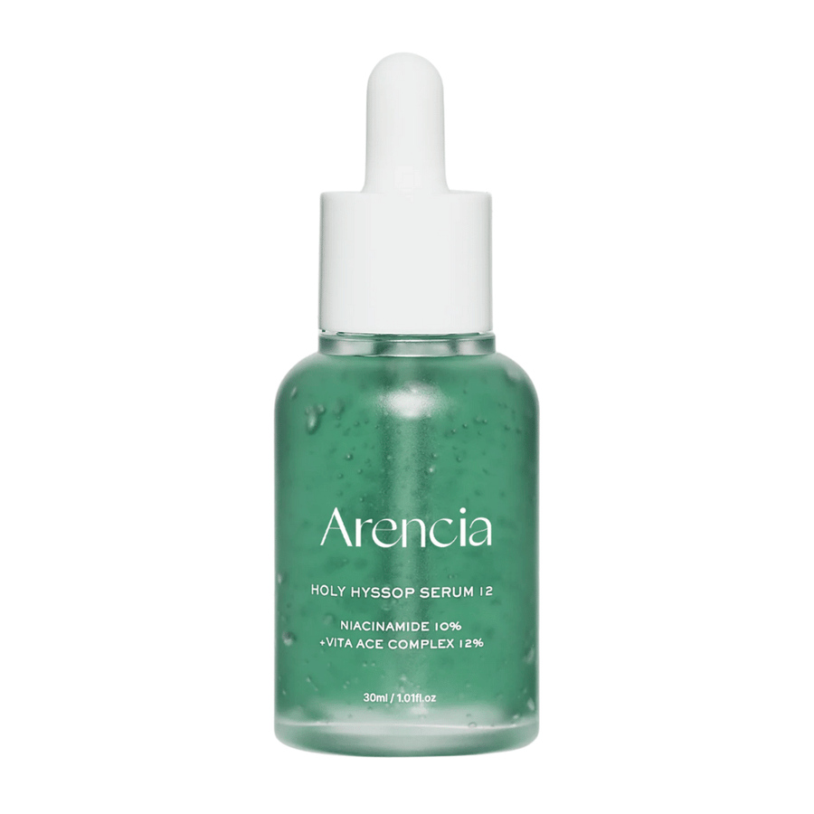 Arencia Holy Hyssop Serum 12 i grønn glassflaske med pipette, ansiktsserum med niacinamid 10 % og vitamin ACE-kompleks 12 %.