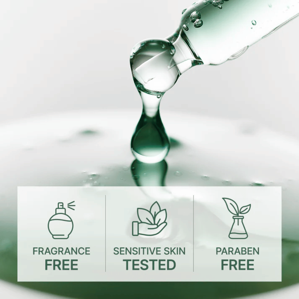 Dryppende serum fra pipette med ikoner som viser parfymefri, testet for sensitiv hud og parabenfri formel.