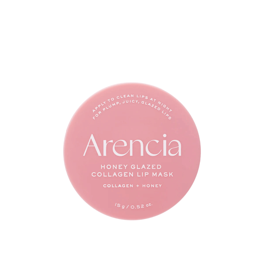 Rent produktbilde av Arencia Honey Glazed Collagen Lip Mask i rosa emballasje med minimalistisk og stilren design.
