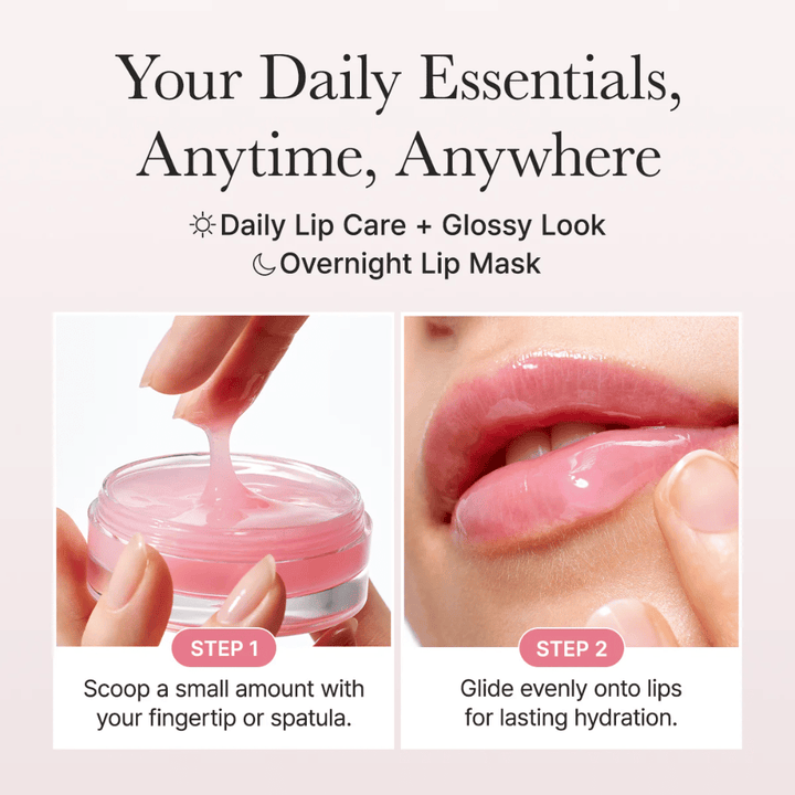 Instruksjonsbilde som viser hvordan lip masken brukes dag og natt. Først påføres en liten mengde med finger eller spatel, deretter fordeles produktet jevnt over leppene for langvarig fuktighet og glans.