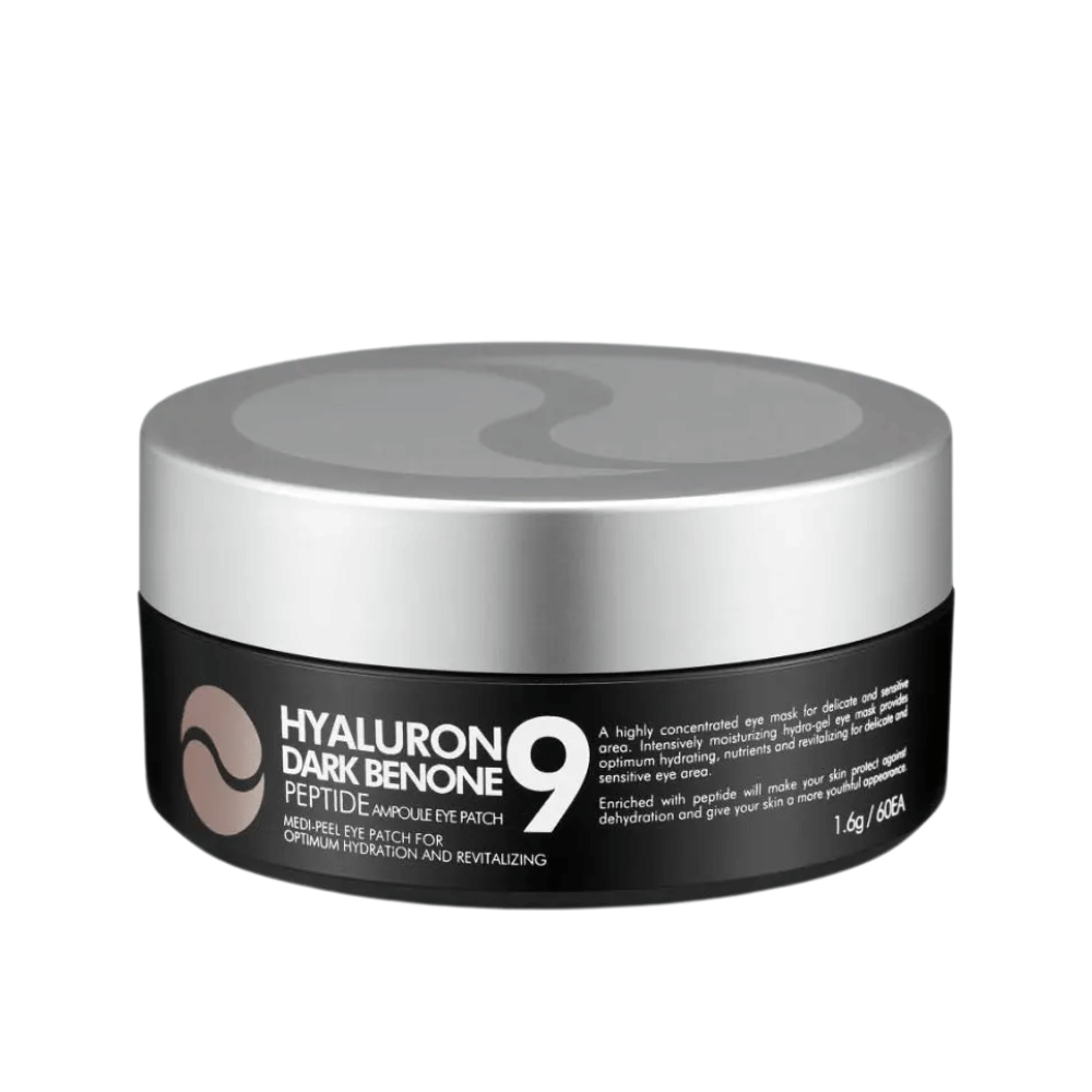 Hyaluron Dark Benone Peptide 9 Ampoule Eye Patch – koreansk øyemaske i boks med peptider og hyaluronsyre for intensiv pleie av tørr og trøtt hud rundt øynene.