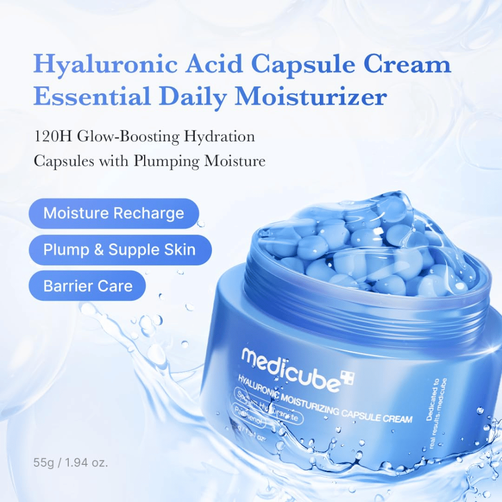 4. Medicube Hyaluronic Moisturizing Capsule Cream – blå fuktkapsler i gel som fukter, beroliger og styrker hudbarrieren