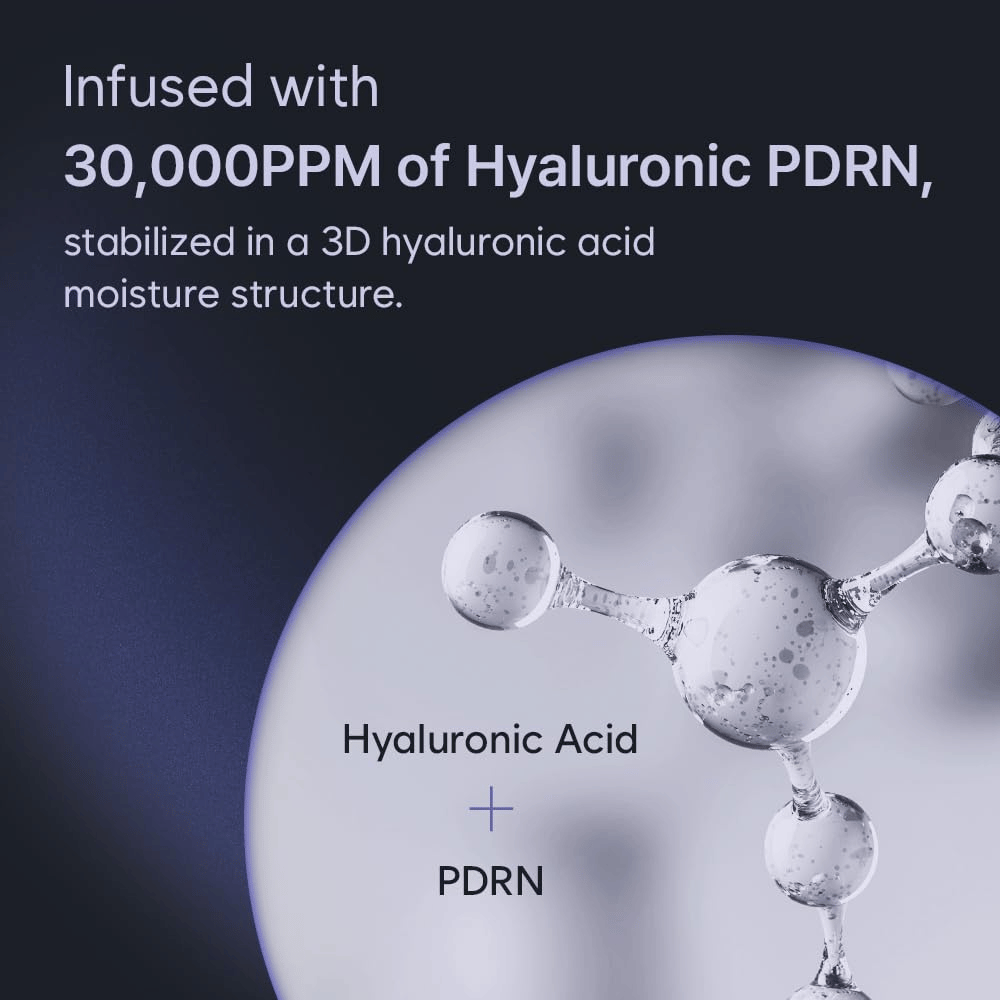 Grafisk illustrasjon av hyaluronsyre og PDRN i en tredimensjonal fuktstruktur. Bildet fremhever produktets høye konsentrasjon av Hyaluronic PDRN og dets fuktgivende teknologi.