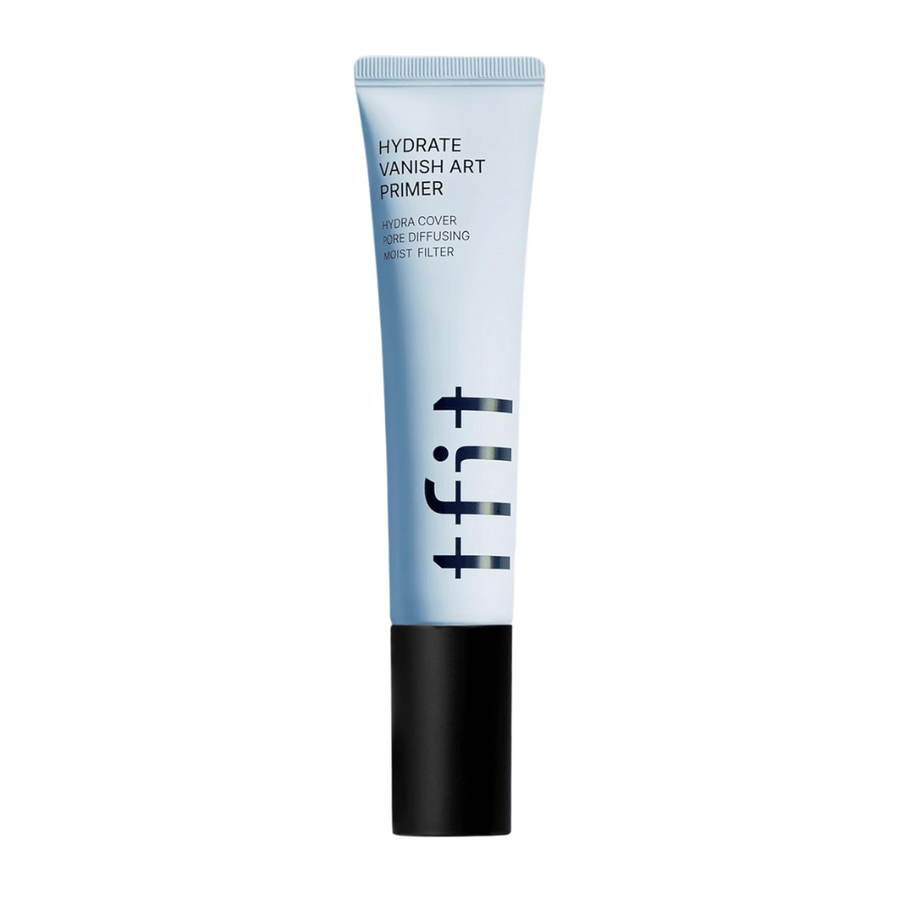 Blå tub med svart kork från TFIT, märkt "Hydrate Vanish Art Primer" – en återfuktande primer med porutjämnande effekt och fuktfilterteknologi.