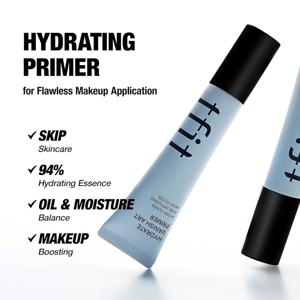 TFIT Hydrate Vanish Art Primer vises med informativ tekst om produktens fordeler, inkludert 94 % fuktighetsgivende essens og oljebalanse – utviklet for en jevnere sminkebase.