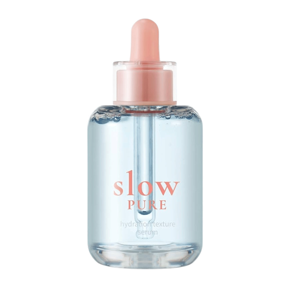 Slow Pure Hydration Texture Serum i klar glassflaske med pipette, fylt med fuktighetsgivende blått serum.