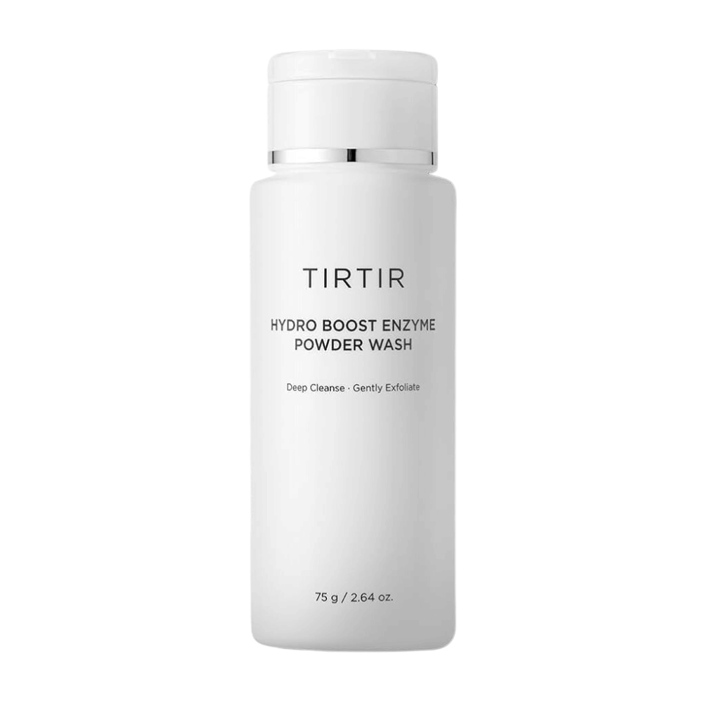 En hvit, glatt flaske av TIRTIR Hydro Boost Enzyme Powder Wash. Teksten på flasken beskriver produktet som en dyprensende og mildt eksfolierende ansiktsvask. Størrelsen er angitt til 75 g / 2.64 oz.