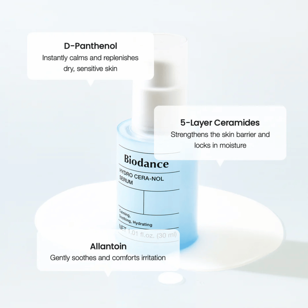 D-Panthenol – Beroliger og fukter sensitiv hud.
5-lags ceramider – Styrker hudbarrieren og låser inn fuktighet.
Allantoin – Mykgjør og demper irritasjon.