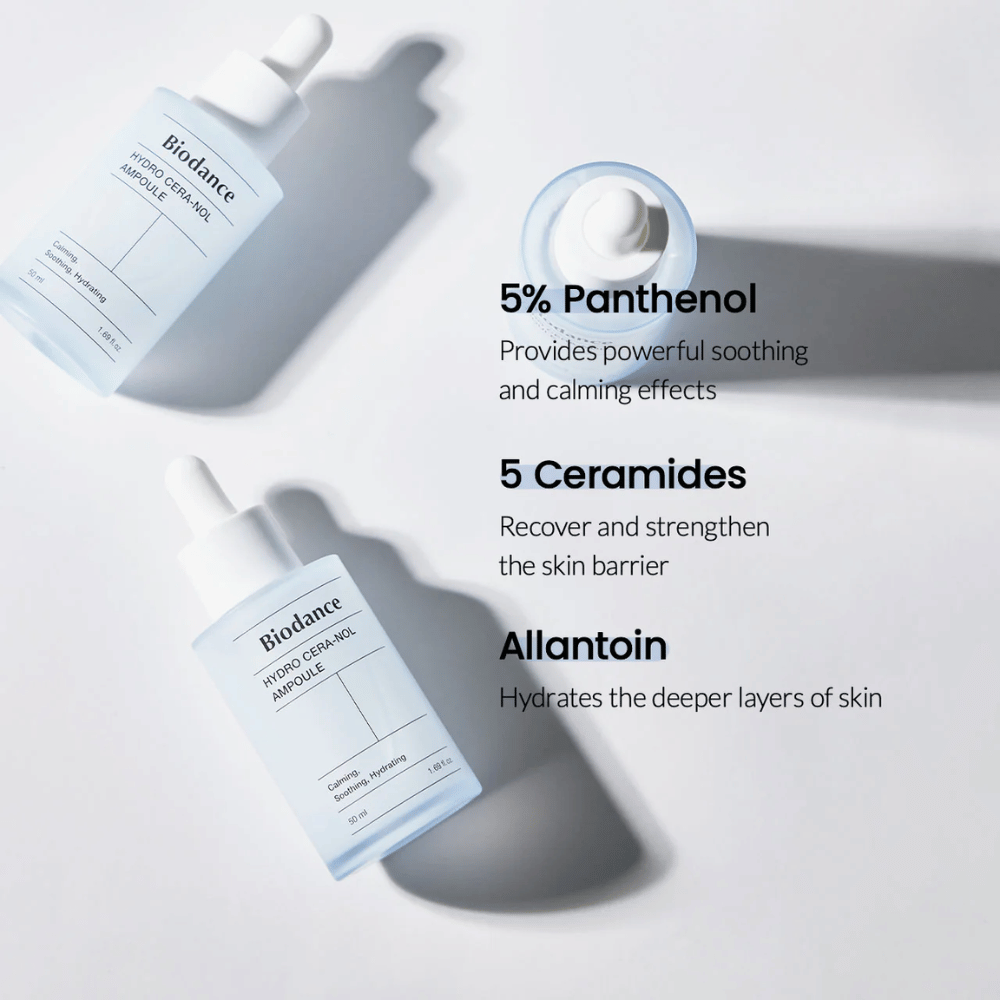 Biodance Hydro Cera-Nol Ampoule – Intensiv fuktighet og hudbarriereforsterkning.

💙 5% Panthenol – Beroliger og reduserer hudirritasjon.
🛡️ 5 Ceramider – Gjenoppbygger og styrker hudens beskyttelsesbarriere.
💧 Allantoin – Dypt fuktighetsgivende for en mykere hud.

Perfekt for sensitiv og tørr hud som trenger ekstra pleie!