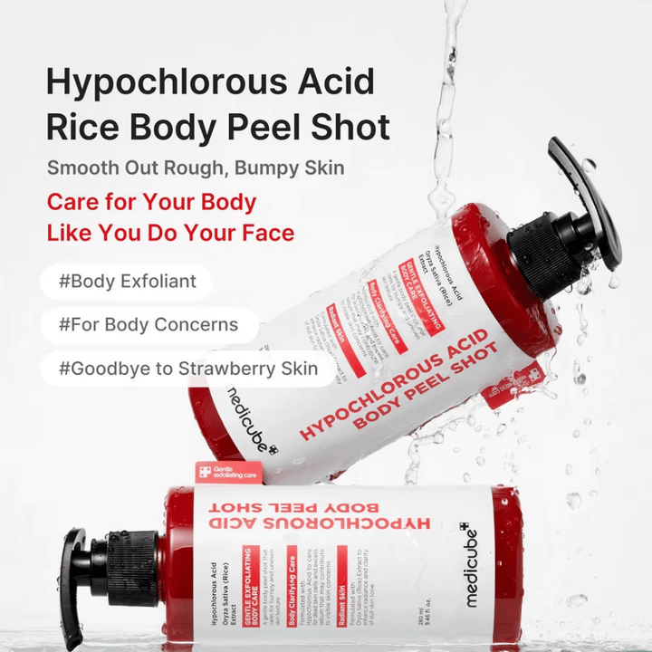 Kampanjebilde for Medicube Hypochlorous Acid Body Peel Shot med vanneffekt og fokus på kroppseksfoliering for jordbærhud, ujevn hudstruktur og tørre partier.