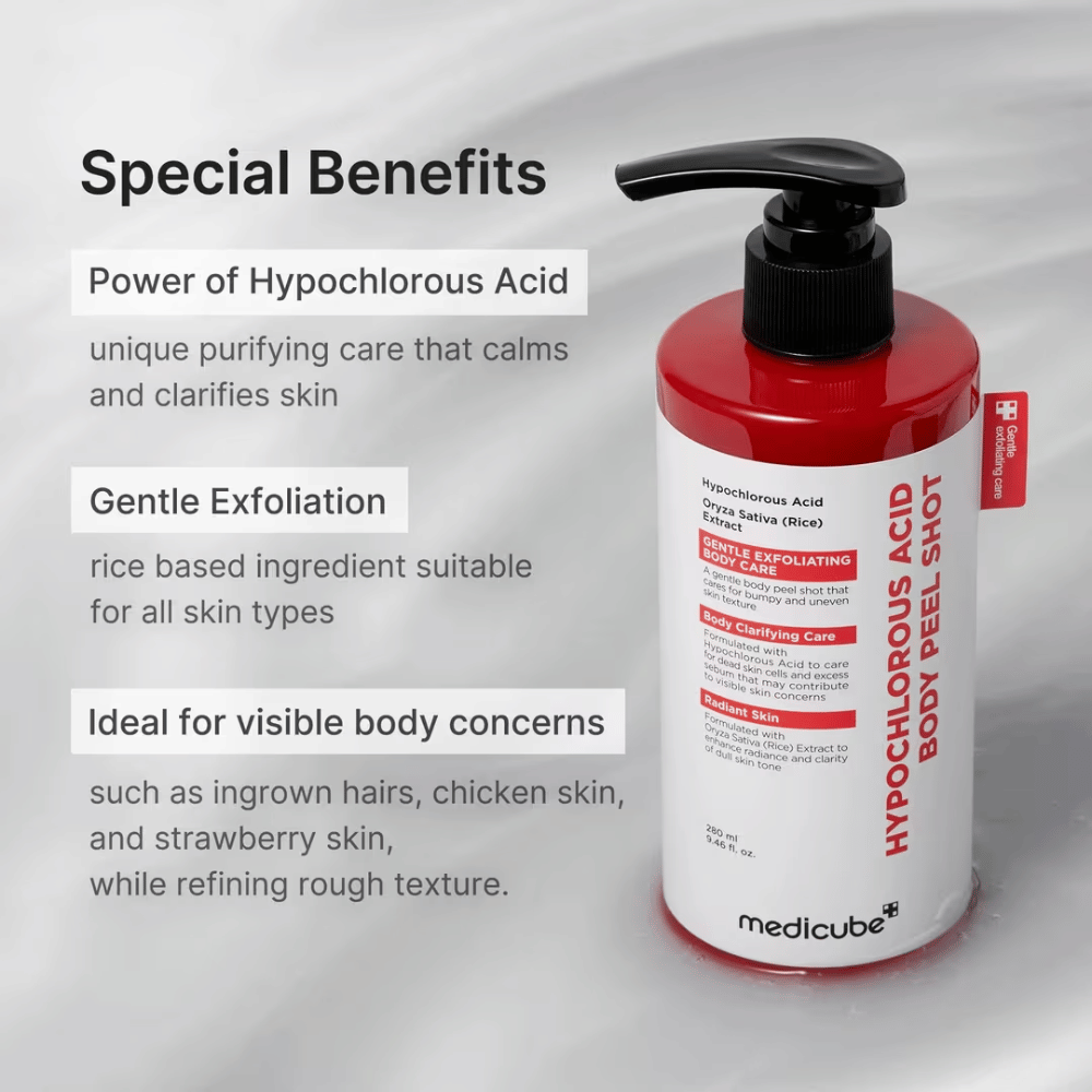 Informasjonsbilde for Medicube Hypochlorous Acid Body Peel Shot med fokus på hypoklorsyre, mild eksfoliering og pleie for nuppete og ujevn kroppshud.