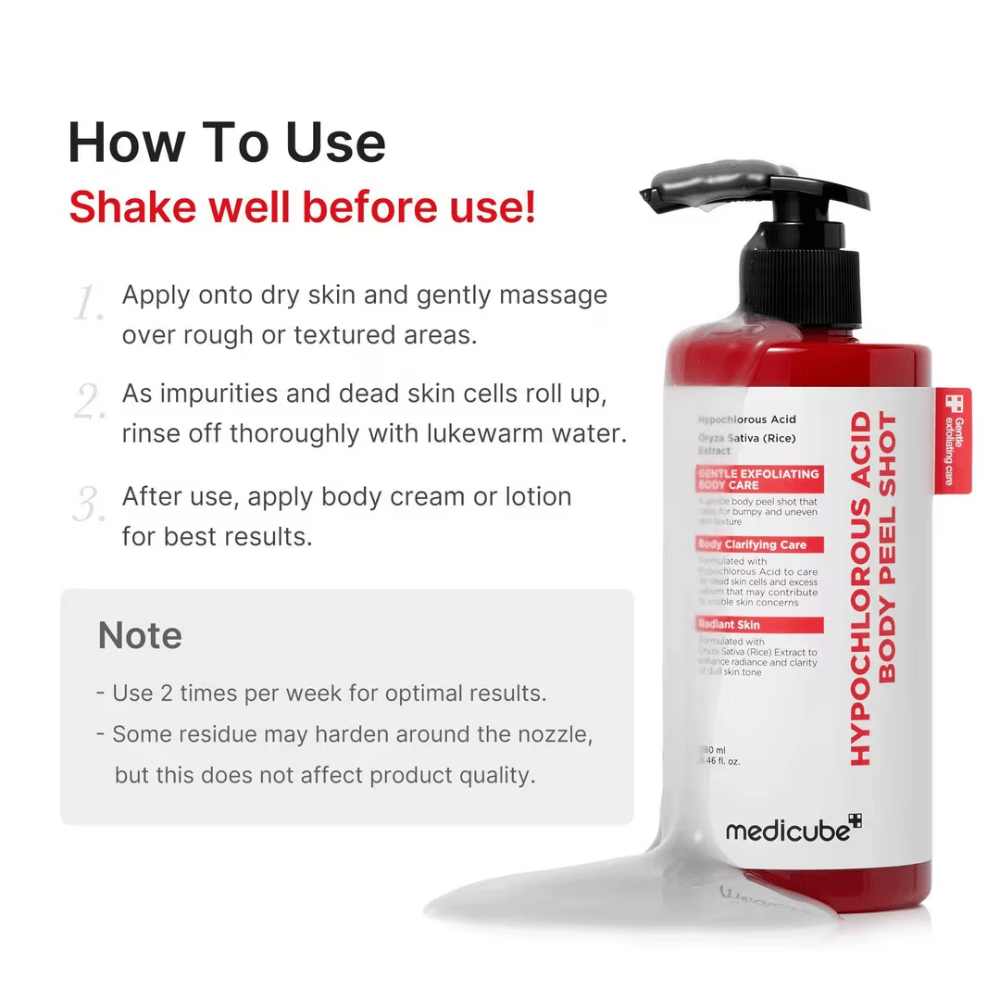Instruksjonsbilde for Medicube Hypochlorous Acid Body Peel Shot som viser hvordan kroppspeelingen brukes trinn for trinn for eksfoliering og mykere hud.