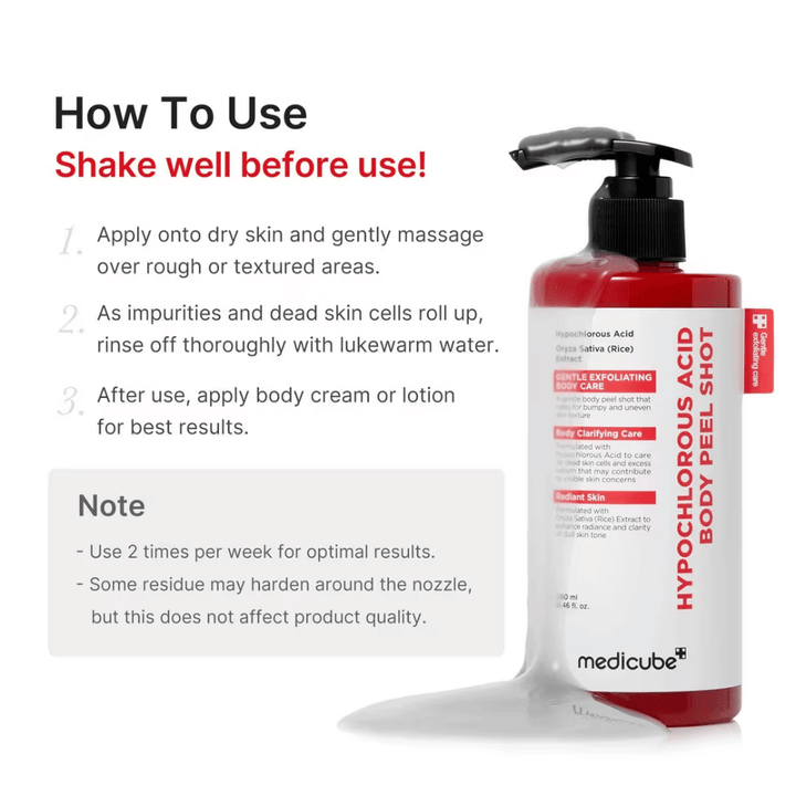 Instruksjonsbilde for Medicube Hypochlorous Acid Body Peel Shot som viser hvordan kroppspeelingen brukes trinn for trinn for eksfoliering og mykere hud.