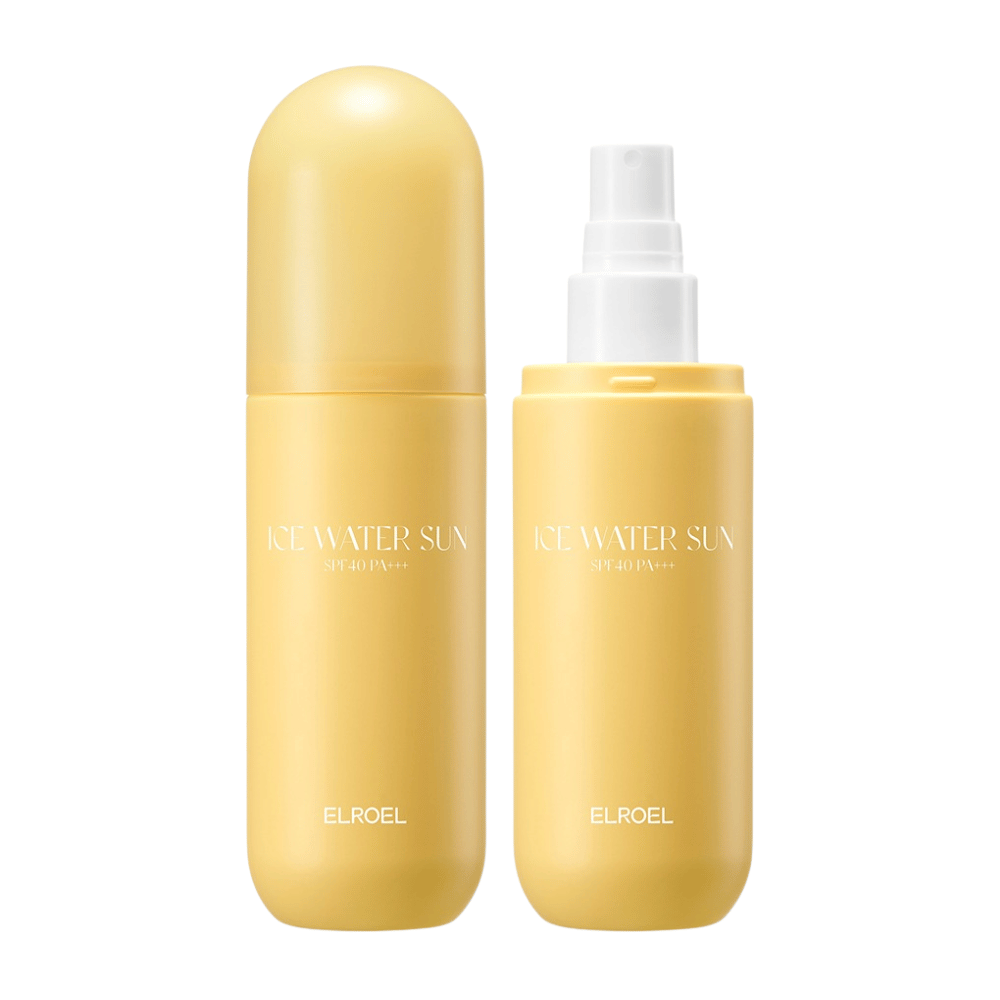 ELROEL Ice Water Sun Mist SPF 40 PA+++ produktbilde med lukket og åpen flaske som viser praktisk design for enkel påføring av solbeskyttelse i sprayform