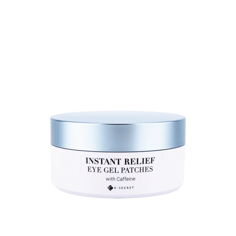 Boks med K-Secret Instant Relief Eye Gel Patches med koffein og blått lokk.