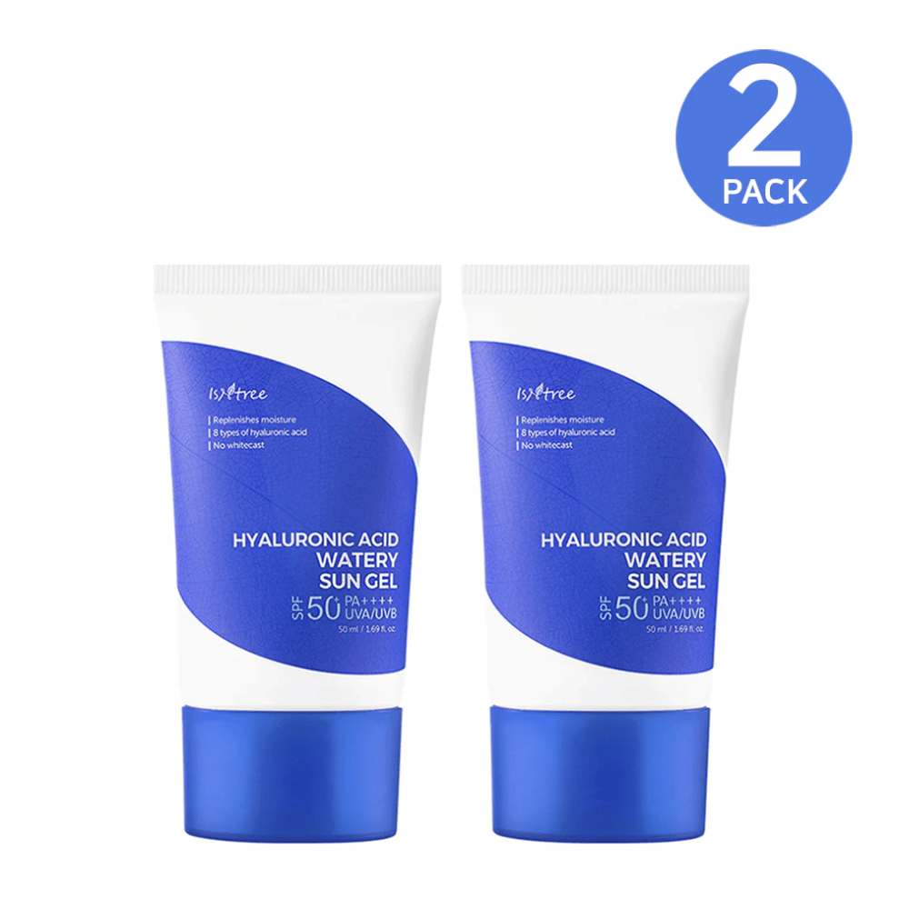 To tuber Isntree Hyaluronic Acid Watery Sun Gel Set med SPF 50+ solbeskyttelsessett.
