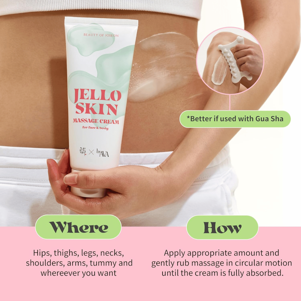 Beauty of Joseon Jello Skin Massage Cream brukes på mage og kropp for fuktighetsgivende massasje med myk og behagelig glid.