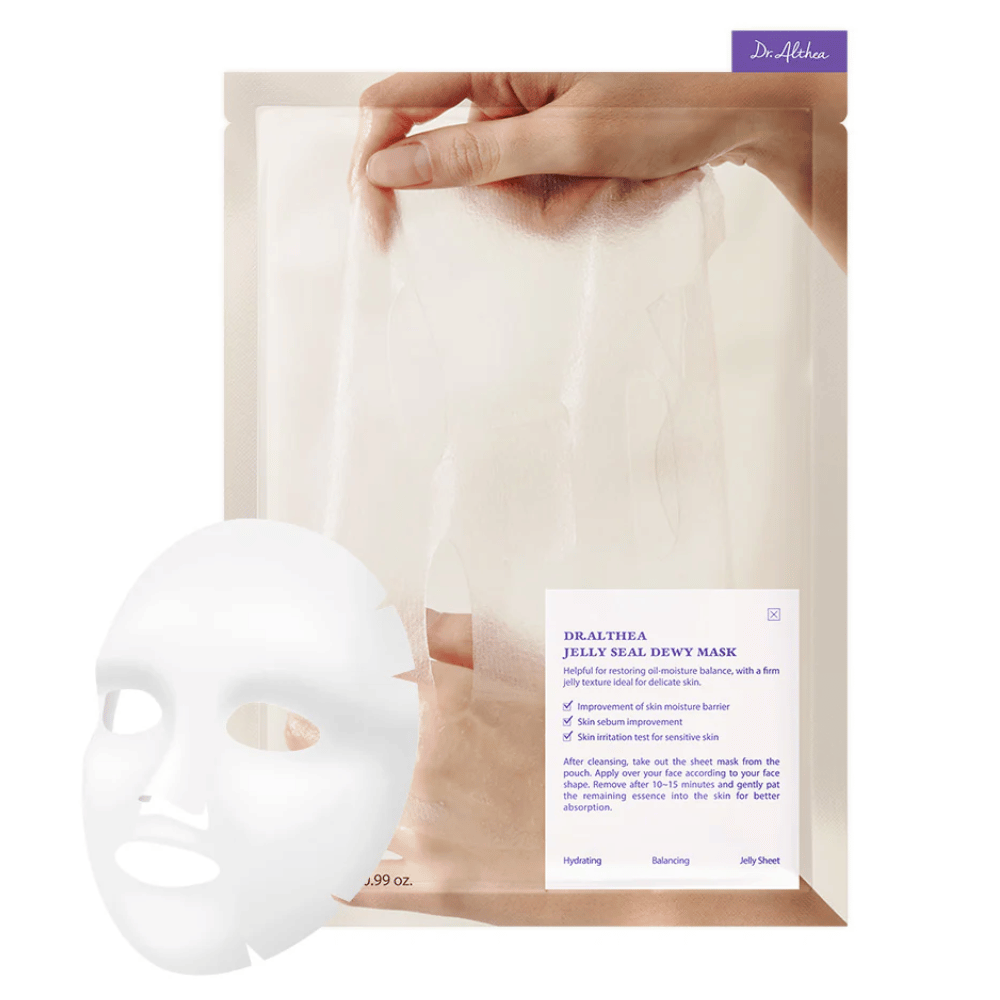 Dr.Althea Jelly Seal Dewy Mask – en fuktighetsgivende arkmask med geléaktig tekstur som styrker hudens fuktbarriere, balanserer talgproduksjonen og beroliger sensitiv hud.