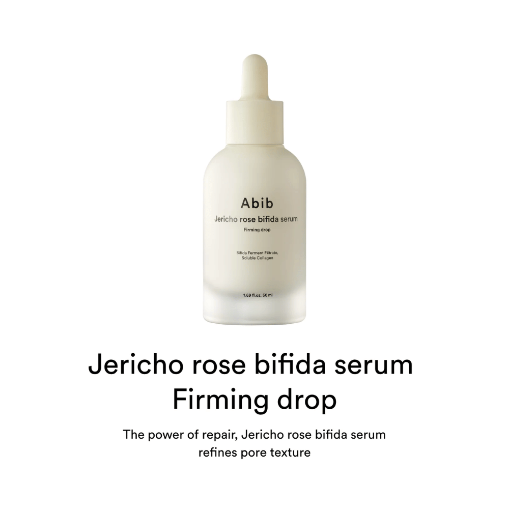 Produktbilde med tekst som beskriver serumets reparerende effekt og evne til å forbedre hudstruktur og porer.