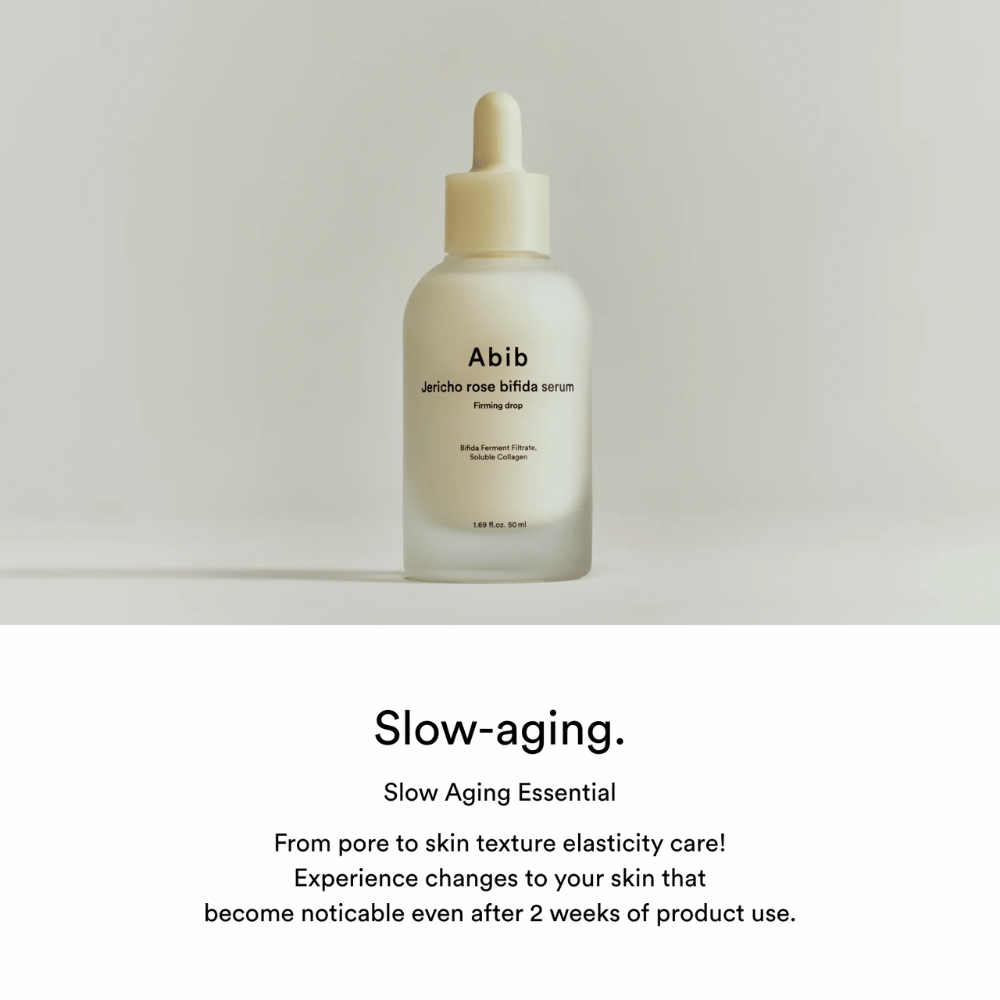 Minimalistisk produktbilde av Abib Jericho Rose Bifida Serum Firming Drop med fokus på slow-aging og hudelasticitet.