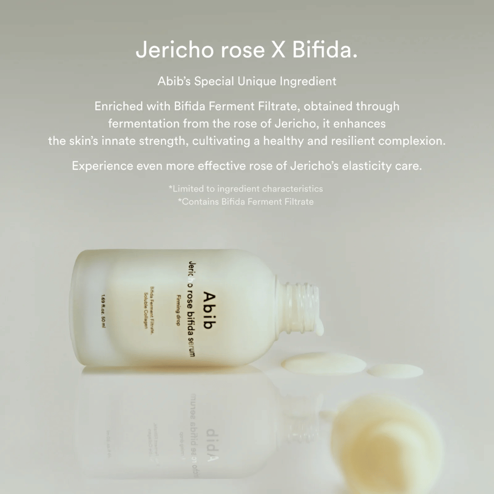 Informasjonsbilde som fremhever kombinasjonen av Jericho Rose og Bifida Ferment Filtrate for sterkere og mer elastisk hud.