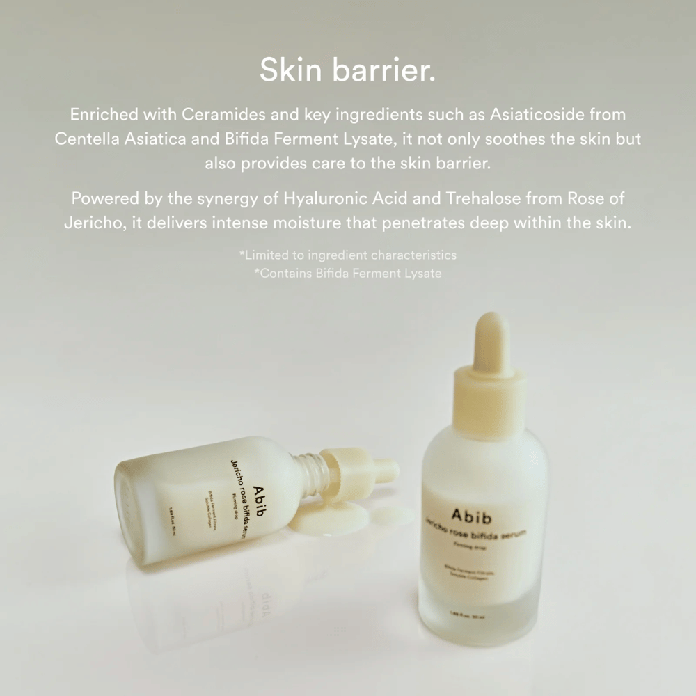 Produktbilde av Abib Jericho Rose Bifida Serum sammen med informasjon om hudbarriere, ceramider og intensiv fuktighet.