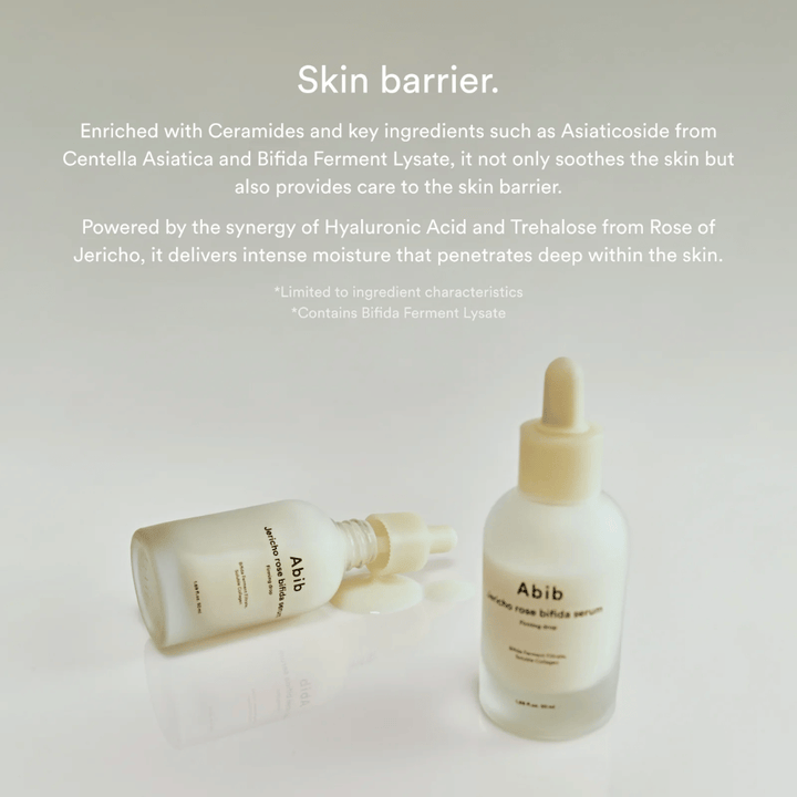 Produktbilde av Abib Jericho Rose Bifida Serum sammen med informasjon om hudbarriere, ceramider og intensiv fuktighet.