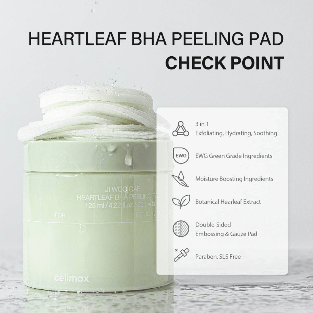 Celimax Ji Woo Gae Heartleaf BHA Peeling Pad er et multifunksjonelt produkt som eksfolierer, fukter og beroliger huden. Med en EWG-grønn klassifisering inneholder den fuktighetsgivende ingredienser og botanisk hjertbladekstrakt.