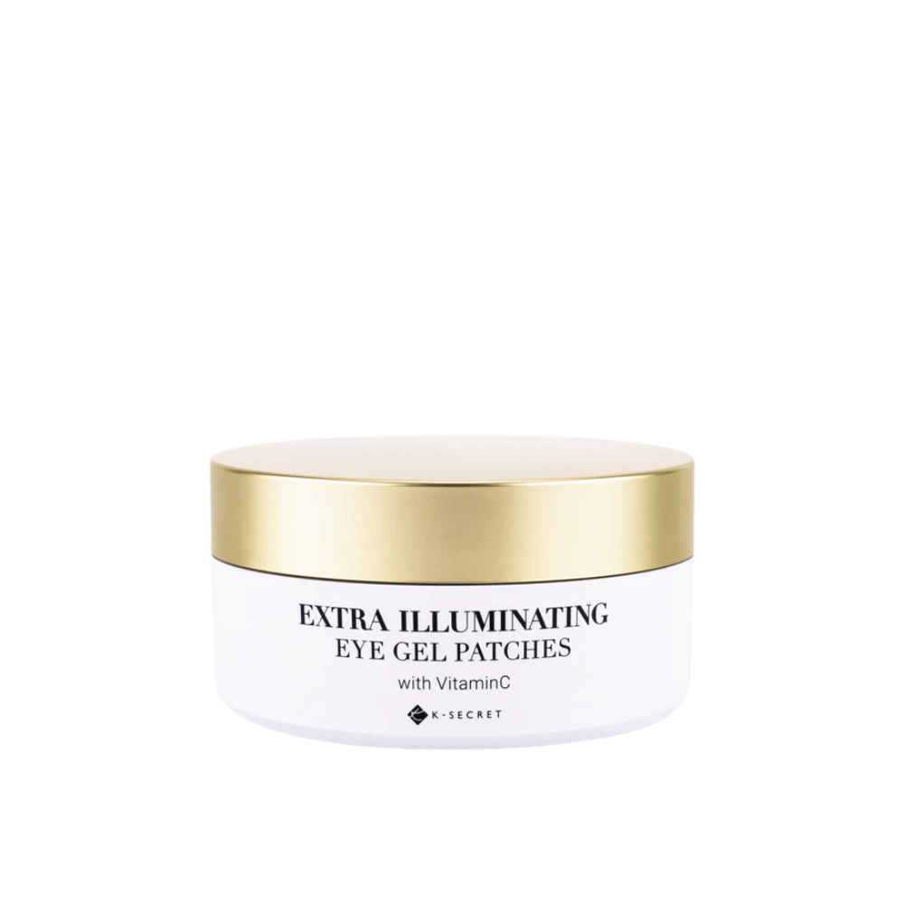 Boks med K-Secret Extra Illuminating Eye Gel Patches med vitamin C og gullokk.