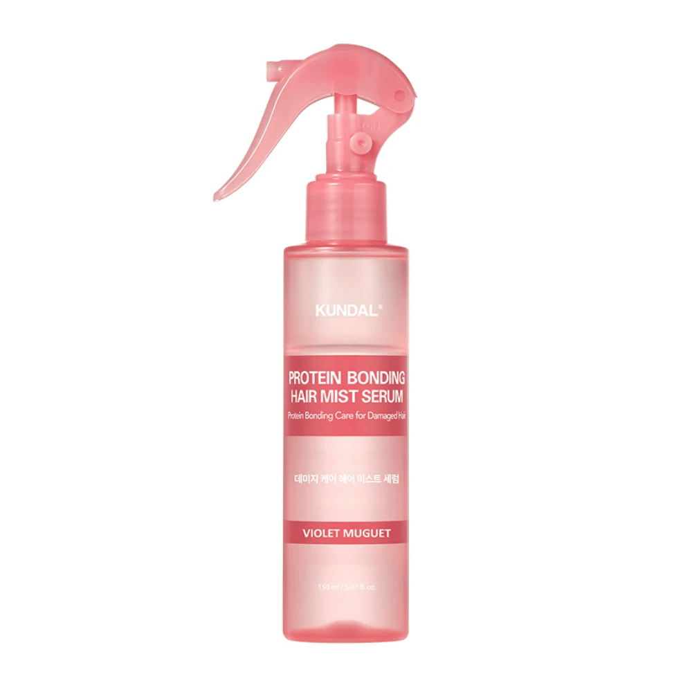 KUNDAL Protein Bonding Hair Mist Serum Violet Muguet i rosa sprayflaske, 150 ml, for skadet hår med styrkende og gjenoppbyggende effekt.