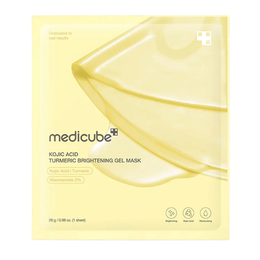 Medicube Kojic Acid Turmeric Brightening Gel Mask – gul emballasje med bilde av gelmaske og tydelige ingrediensmarkeringer.
