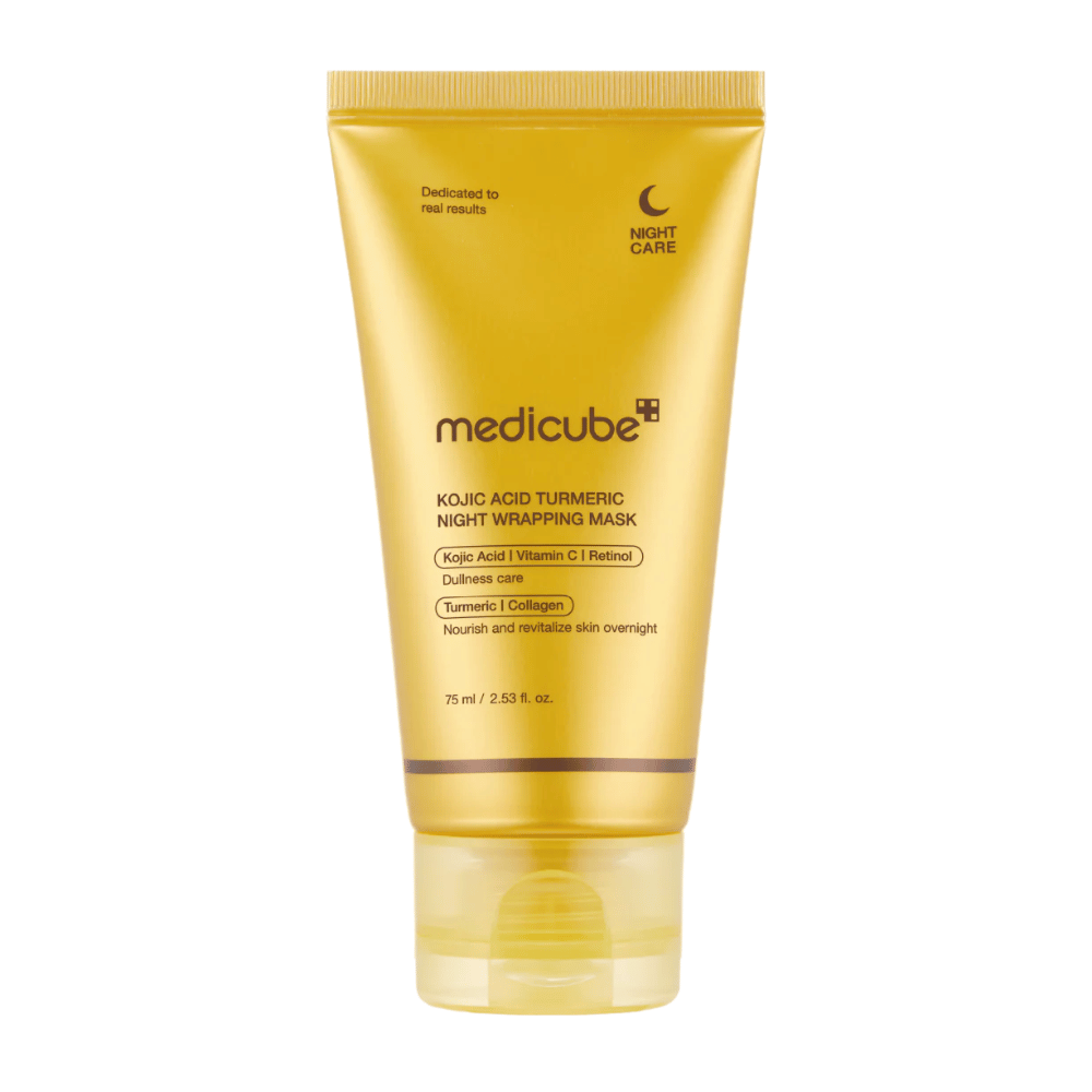 Medicube Kojic Acid Turmeric Night Wrapping Mask 75 ml i gullfarget emballasje med kojicsyre, gurkemeie, vitamin C og kollagen for nattlig glødpleie.