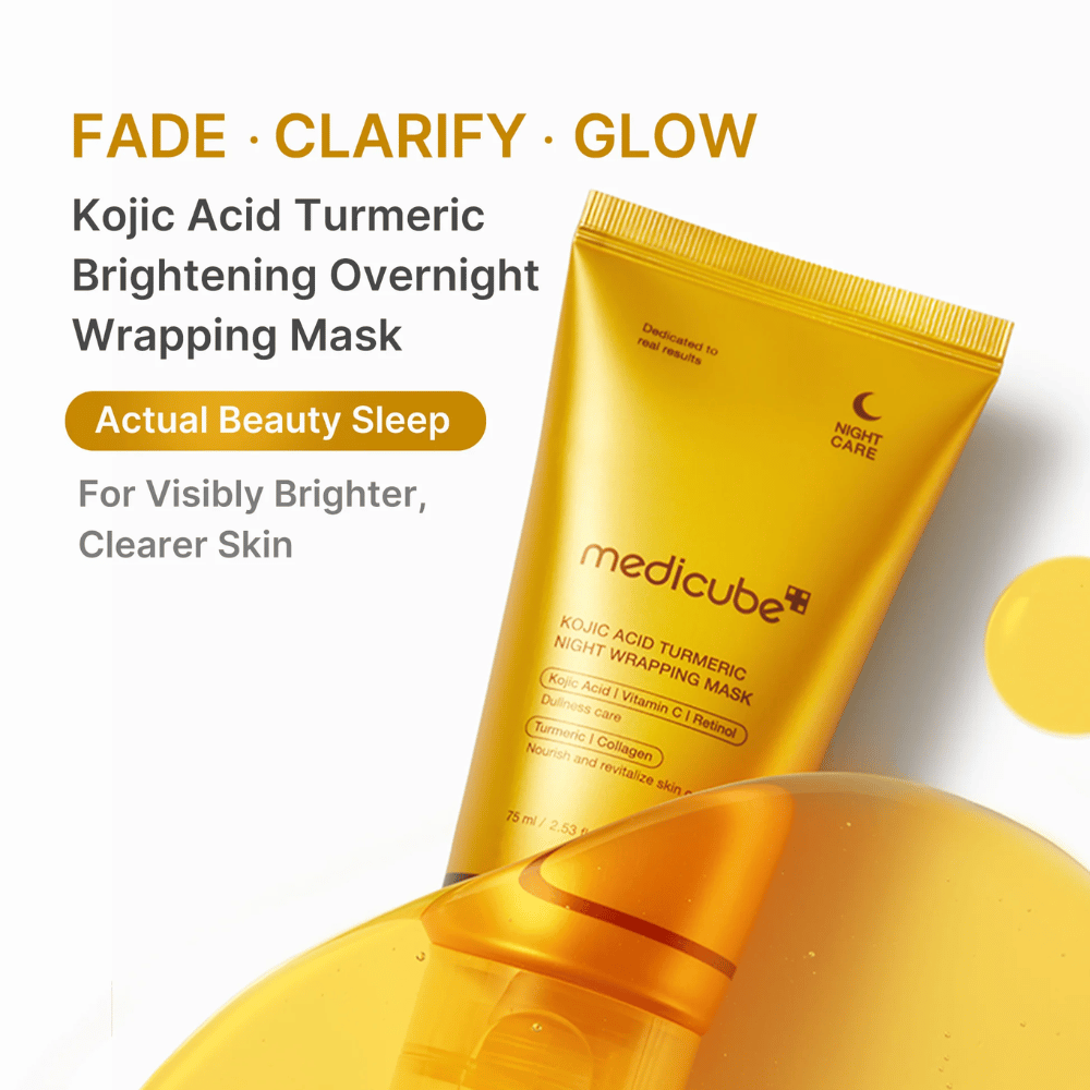 Medicube Kojic Acid Turmeric Night Wrapping Mask i gullfarget tube for nattlig hudpleie som bidrar til å gi klarere, jevnere og mer strålende hud.