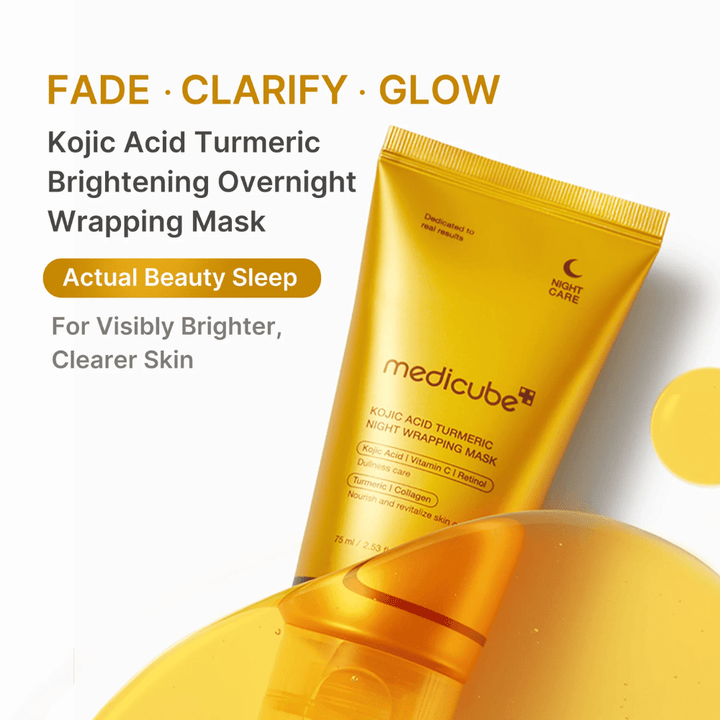 Medicube Kojic Acid Turmeric Night Wrapping Mask i gullfarget tube for nattlig hudpleie som bidrar til å gi klarere, jevnere og mer strålende hud.