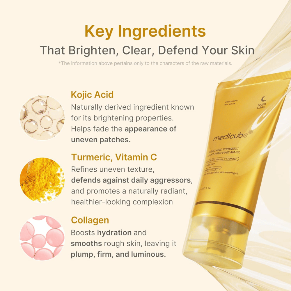 Medicube Kojic Acid Turmeric Night Wrapping Mask med kojicsyre, gurkemeie, vitamin C og kollagen for glød, fuktighet og jevnere hudtone.