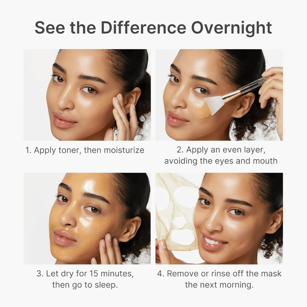 Medicube Kojic Acid Turmeric Night Wrapping Mask påføres som nattmaske i fire trinn for klarere, jevnere og mer strålende hud over natten.