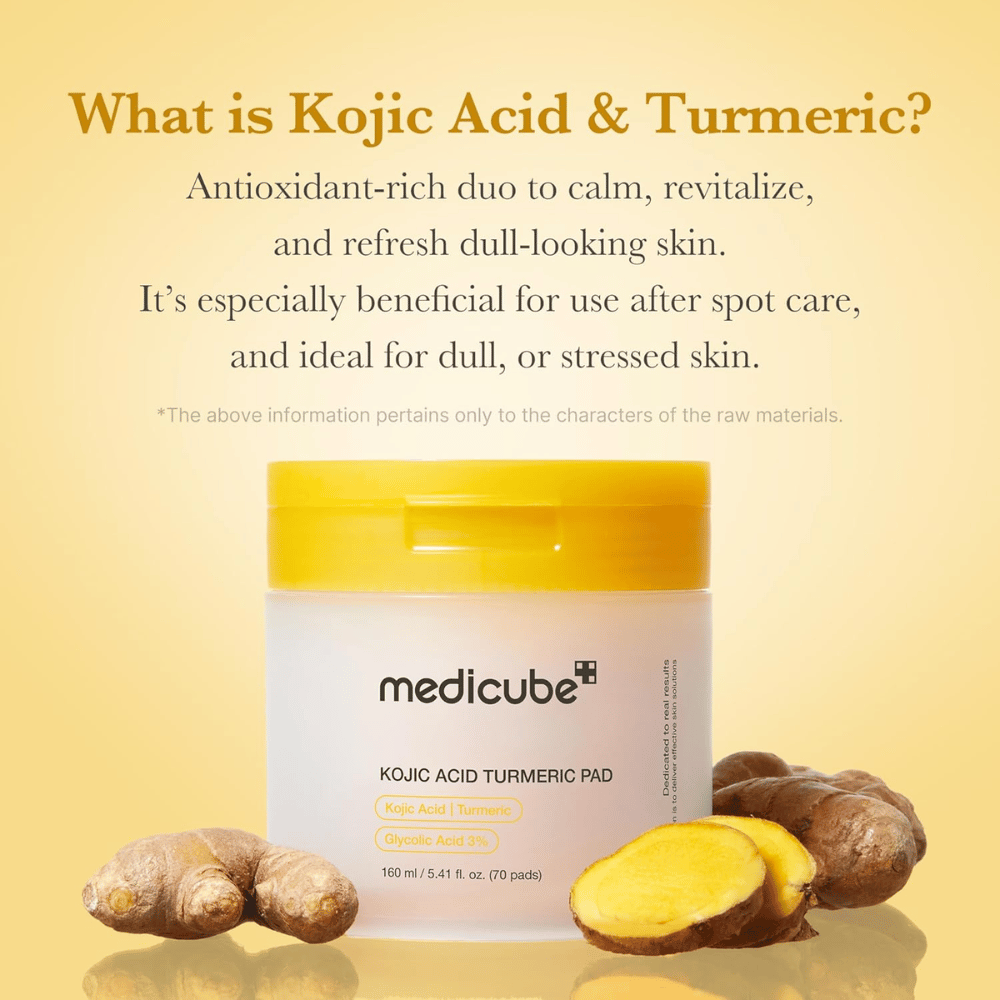 Informasjonsbilde for Medicube Kojic Acid Turmeric Pad med fokus på kojicsyre og gurkemeie som antioksidantrike ingredienser for glød, beroligende effekt og oppfrisket hud.