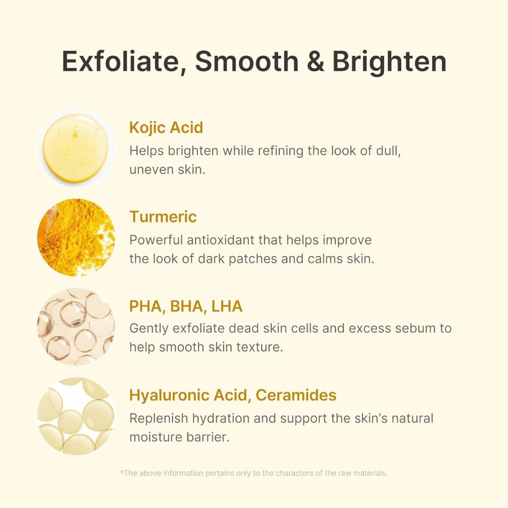 Medicube Kojic Acid Turmeric Peel Shot med kojicsyre, gurkemeie, PHA, BHA, LHA, hyaluronsyre og ceramider.