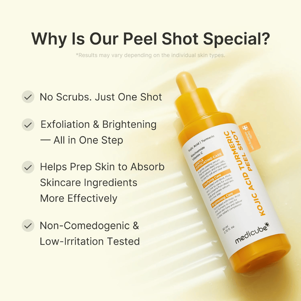 Medicube Kojic Acid Turmeric Peel Shot – eksfolierende peeling med kojicsyre og gurkemeie for jevnere hudtone, glød og glattere hud.