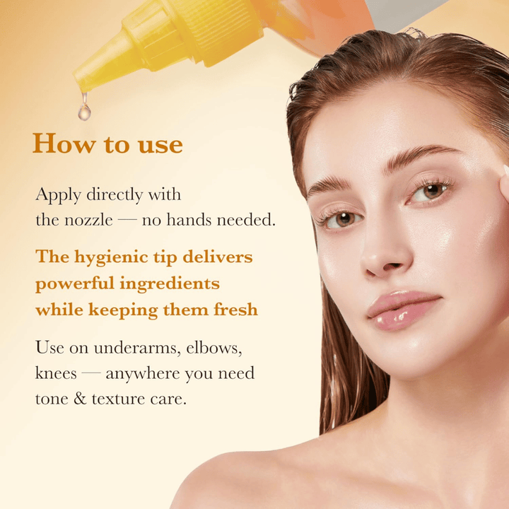 Bruksbilde for Medicube Kojic Acid Turmeric Resurfacing Toner som viser hygienisk påføring direkte med spissapplikator for hudtone- og teksturpleie på for eksempel albuer og knær.
