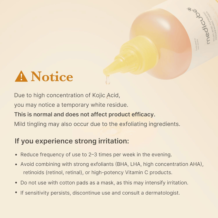 Informasjonsbilde for Medicube Kojic Acid Turmeric Resurfacing Toner med viktig bruksinformasjon om kojicsyre, eksfoliering og hvordan irritasjon kan reduseres ved sensitiv hud.