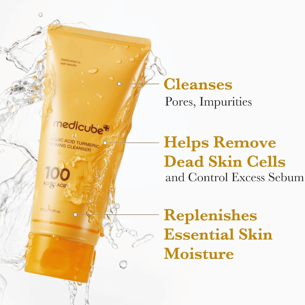 Medicube Kojic Acid Turmeric Toning Cleanser 120 g, ansiktsrens som fjerner urenheter og døde hudceller. Gul tube med vannsprut.