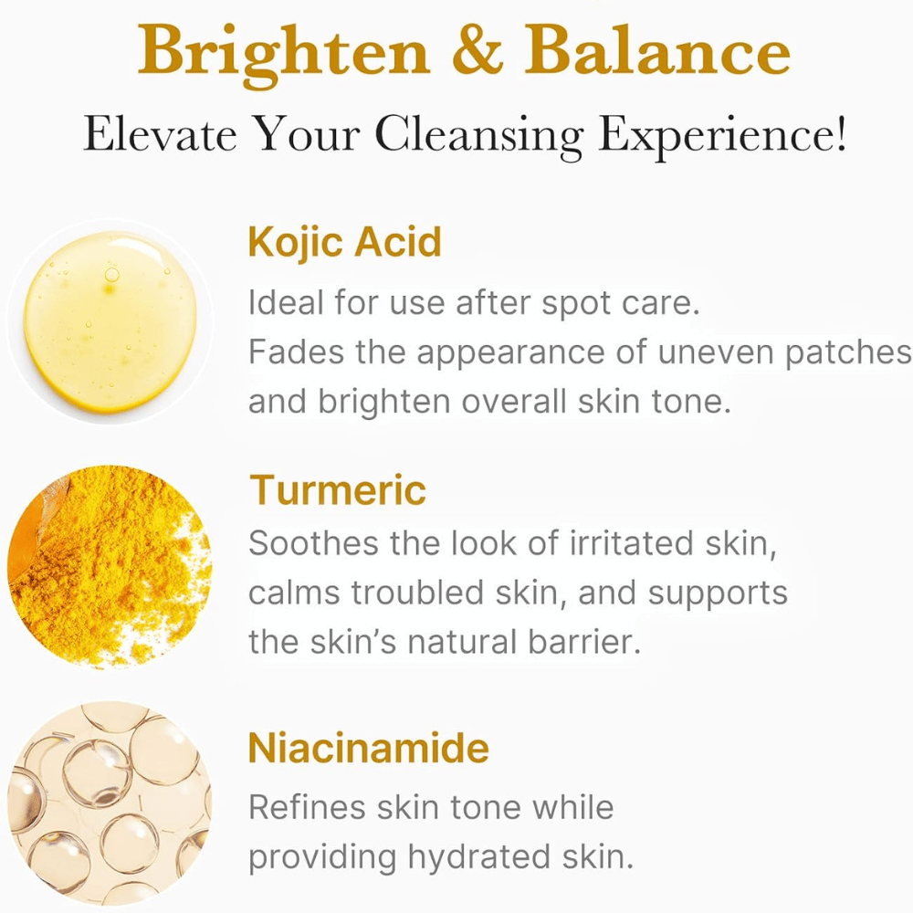 Medicube Kojic Acid Turmeric Toning Cleanser med kojicsyre, gurkemeie og niacinamid. Ingrediensoversikt for en jevnere hudtone.