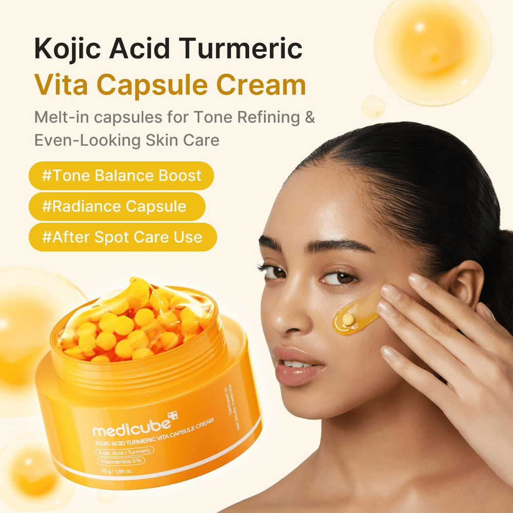 4. Medicube Kojic Acid Turmeric Vita Capsule Cream – glødgivende ansiktskrem med kapsler som påføres kinnet