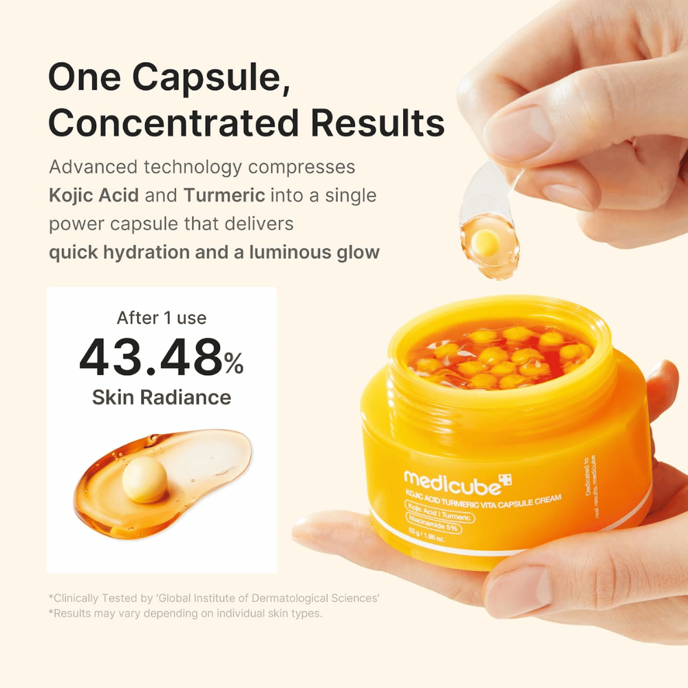 1. Medicube Kojic Acid Turmeric Vita Capsule Cream – ansiktskrem med konsentrerte kapsler for fuktighet og økt glød