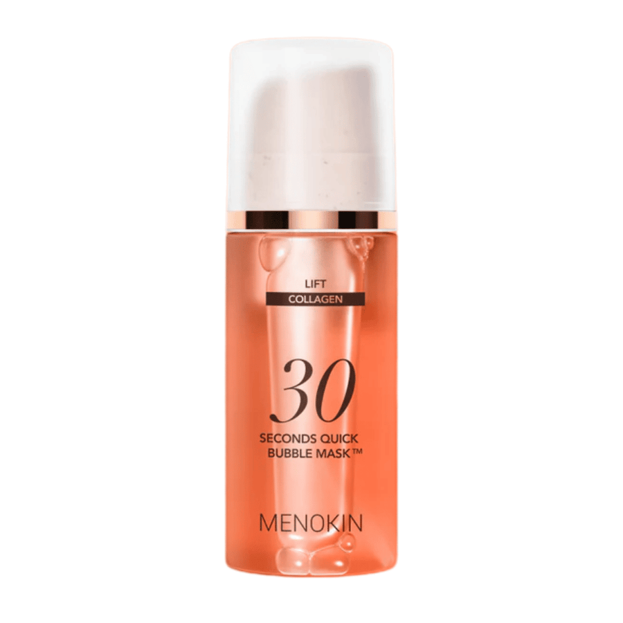 Frilagt produktbilde av MENOKIN LIFT 30 Seconds Quick Bubble Mask som tydelig viser det stilrene oransje designet og pumpeforpakningen.