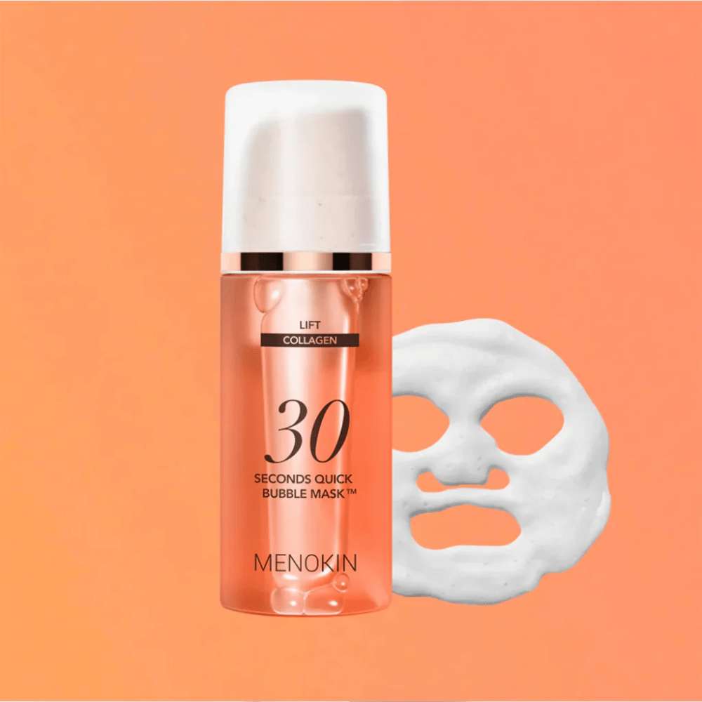 Produktbilde av MENOKIN LIFT 30 Seconds Quick Bubble Mask med oransje bakgrunn og skummaske-form som symboliserer rask og effektiv ansiktsmaske på bare 30 sekunder.