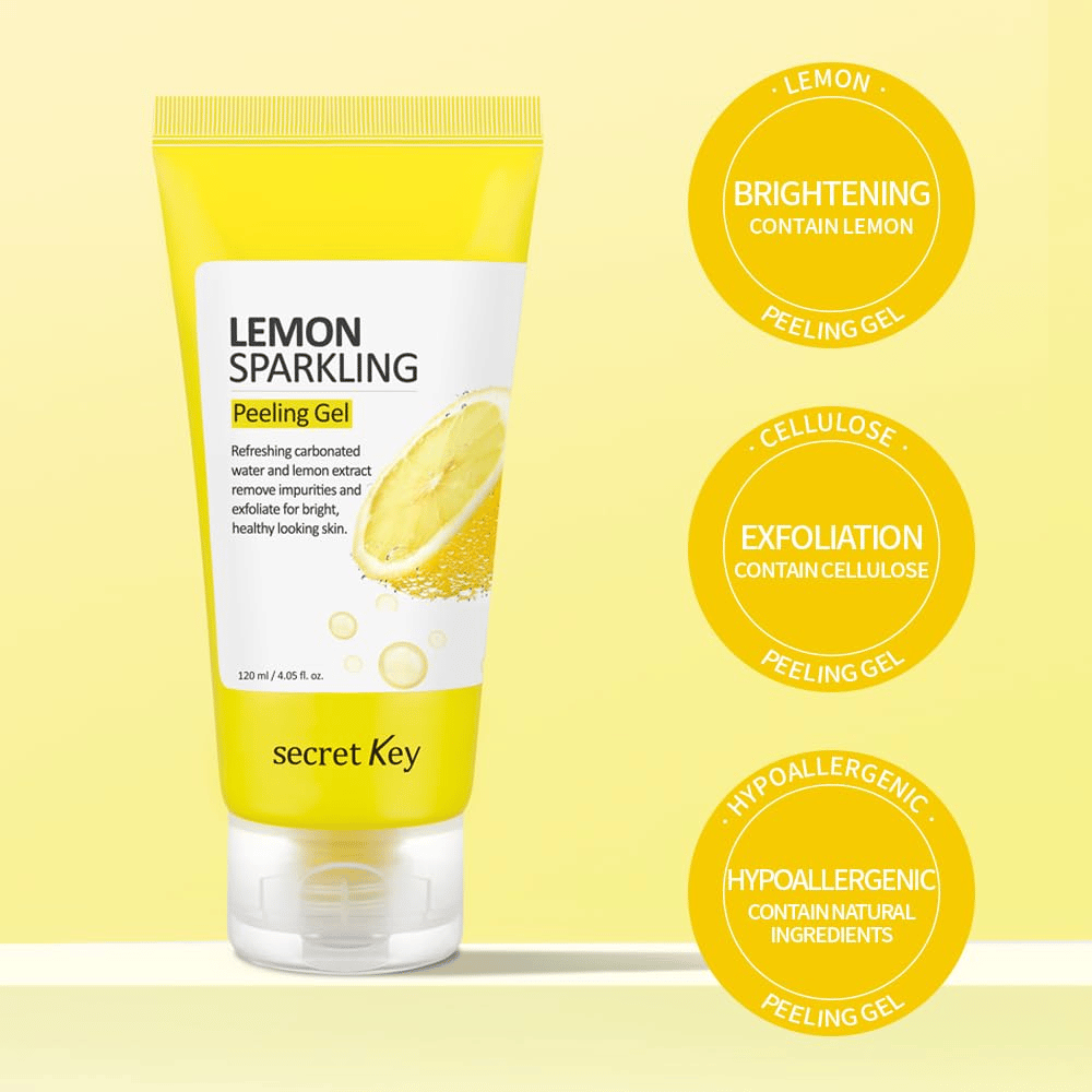 Secret Key Lemon Sparkling Peeling Gel – inneholder sitron og cellulose for eksfoliering, glød og mykere hud, skånsom mot sensitiv hud.
