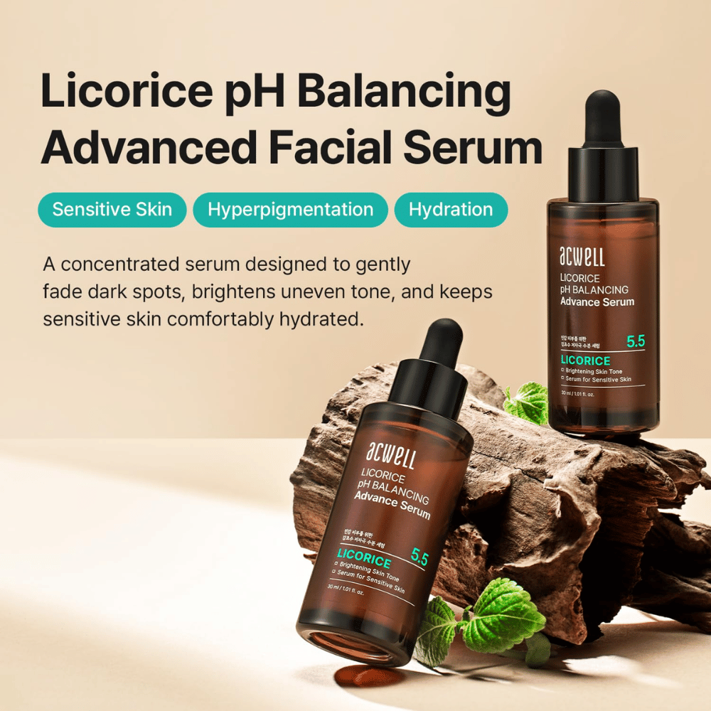 Markedsføringsbilde for Acwell Licorice pH Balancing Advance Serum med fokus på sensitiv hud, hyperpigmentering og fuktighet.
