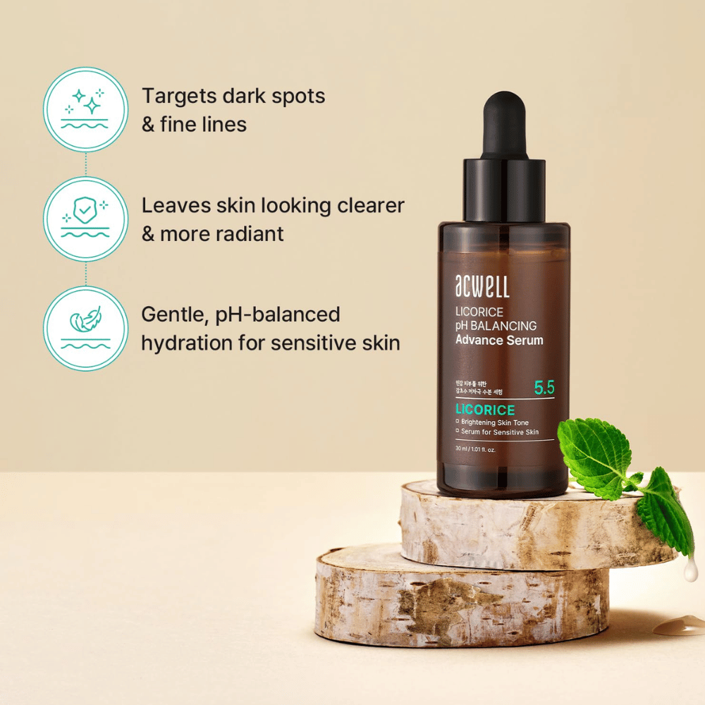 Produktbilde som beskriver serumets fordeler for mørke flekker, fine linjer og sensitiv hud med pH-balansert fuktighet.
